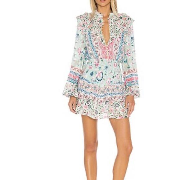 Hemant & Nandita Floral Print Vacation Mini Dress with Pearl Collar Fairy Dress - Picture 7 of 7